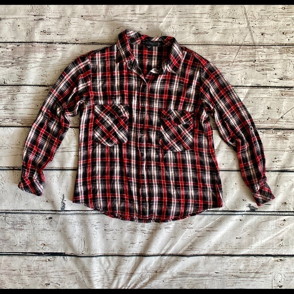 Sanctuary black and red plaid button down